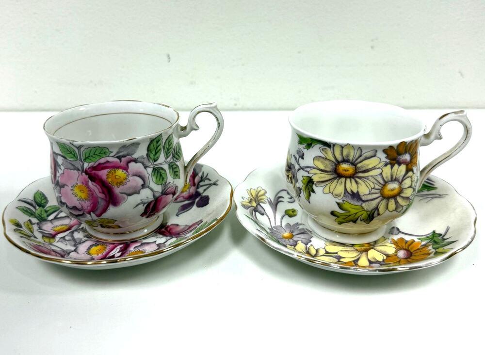 Vintage Royal Albert Floral "Dog Rose" & "Daisy" Bone China Gold Rim Tea Cups